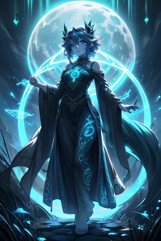 Full body. Enchanted witch encountering an alien life form, Magic ghost flower from the abyss, Lit by bioluminescent plants, Very detailed, Glowing lawn, Art Nouveau influences, Amazing moon art. (Hair with luminescence), (detailed pearl blue eye), goddess soul, (Magic Swirl Style), looking at the viewer, detailed face, bare feet. Wide and deep scenery, several planes of depth, cinematic and dynamic scene, epic atmosphere. (Luminescent Lighting Magic Circle Theme), perched on a ledge, tight neon body, light stripes, dark abyssal wanderer, (Luminescent Neon Long Dress with Celtic Details), inscribed with mystical runes, dystopian outdoor background.