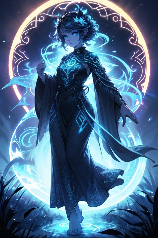 Full body. Enchanted witch encountering an alien life form, Magic ghost flower from the abyss, Lit by bioluminescent plants, Very detailed, Glowing lawn, Art Nouveau influences, Amazing moon art. (Hair with luminescence), (detailed pearl blue eye), goddess soul, (Magic Swirl Style), looking at the viewer, detailed face, bare feet. Wide and deep scenery, several planes of depth, cinematic and dynamic scene, epic atmosphere. (Luminescent Lighting Magic Circle Theme), perched on a ledge, tight neon body, light stripes, dark abyssal wanderer, (Luminescent Neon Long Dress with Celtic Details), inscribed with mystical runes, dystopian outdoor background.