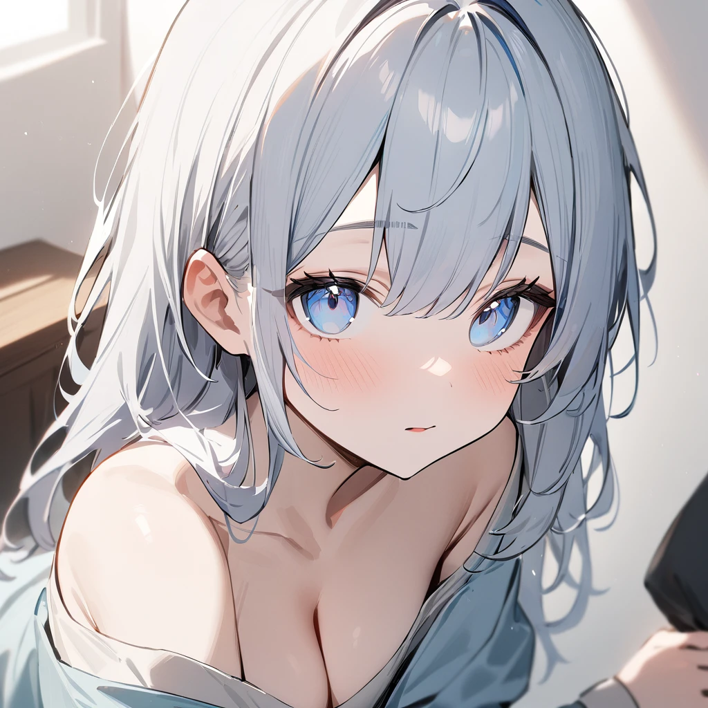 1 girl,pale hair,Crevice,Cleavage,pallid,pale colors,pale eyes,masterpiece,best quality,very aesthetic,absurdres,blue eyes