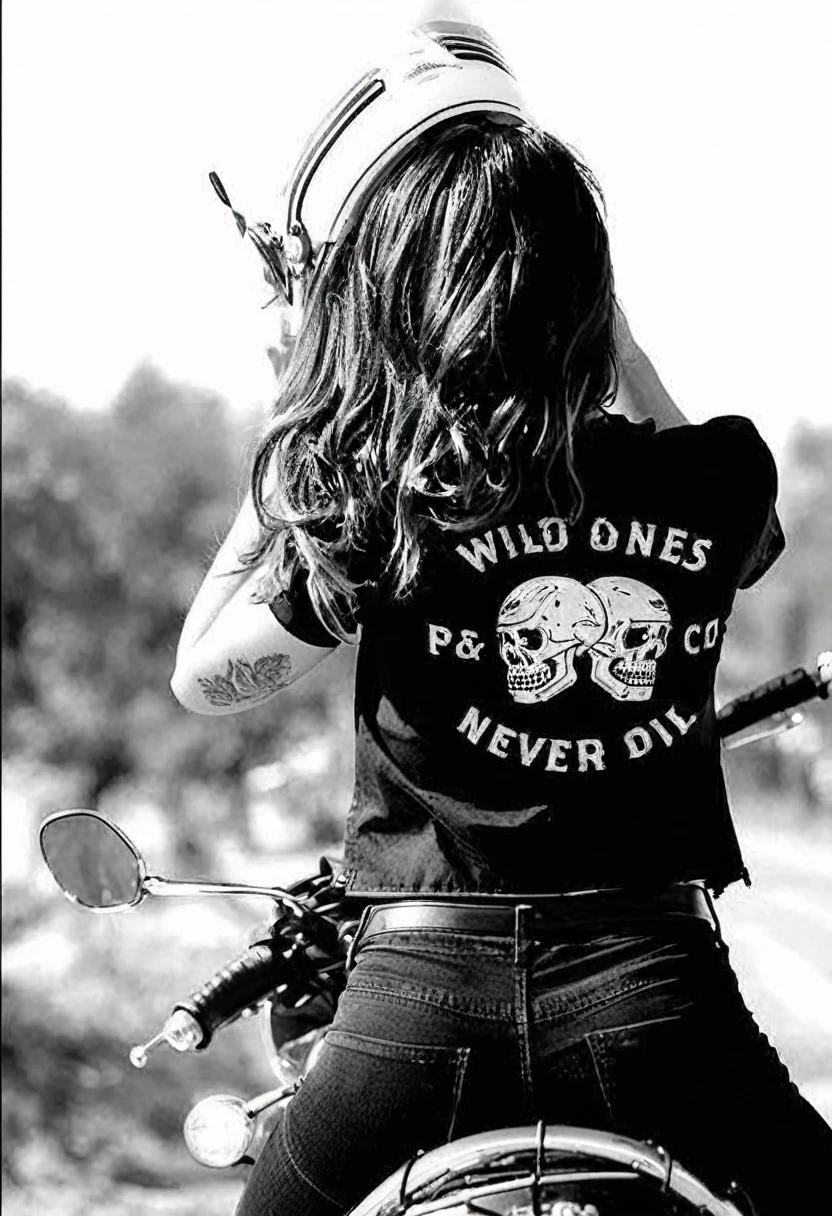 Photo of an ebellish girl on a motorcycle, shot from the rear perspective