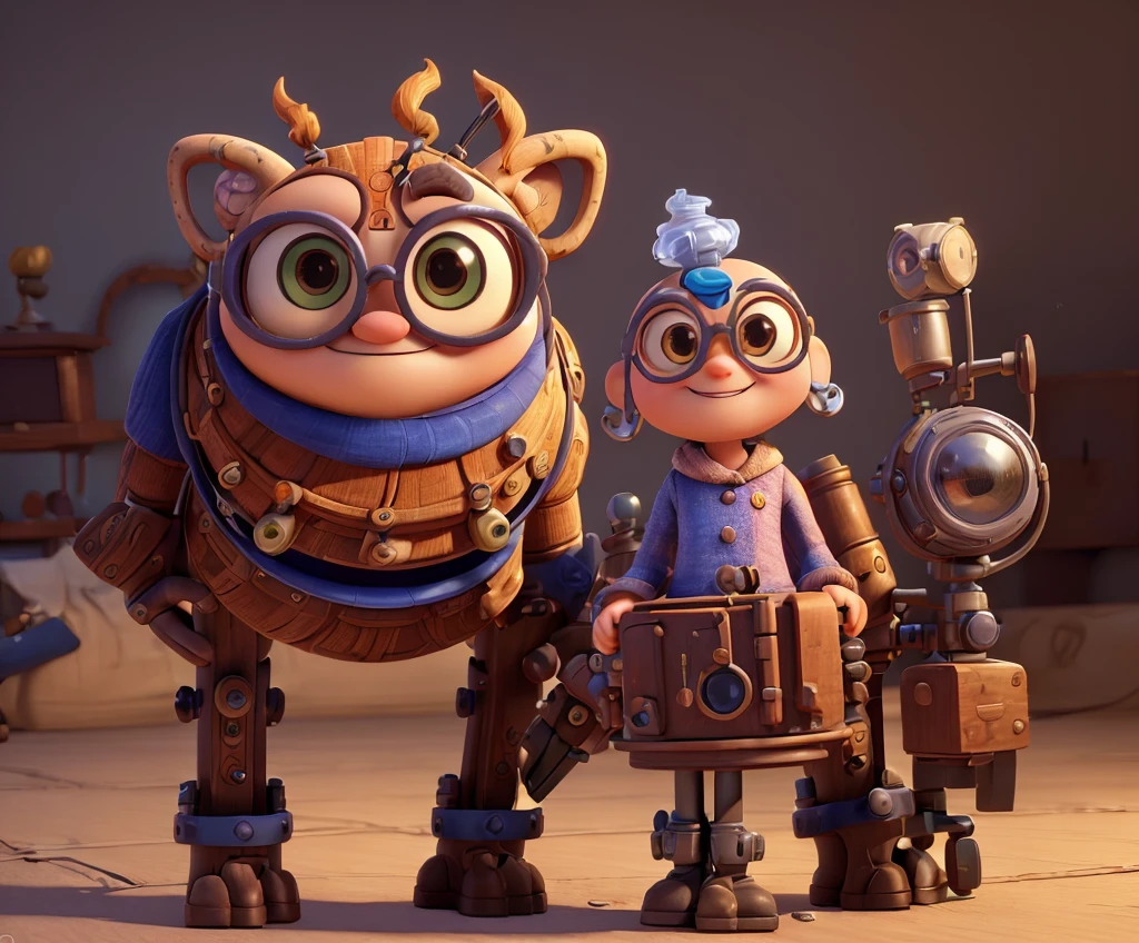 a whimsical animated camera character, mechanical camera body with arms and legs, smiling face with lens eyes and winding knob nose, tripod-like limbs with sturdy feet, wearing round-framed glasses, unrolling film reel background, capturing the world dynamically, (best quality,4k,8k,highres,masterpiece:1.2),ultra-detailed,(realistic,photorealistic,photo-realistic:1.37),3D render, intricate details, vibrant colors, whimsical, imaginative, playful, quirky, dynamic, animated, character design