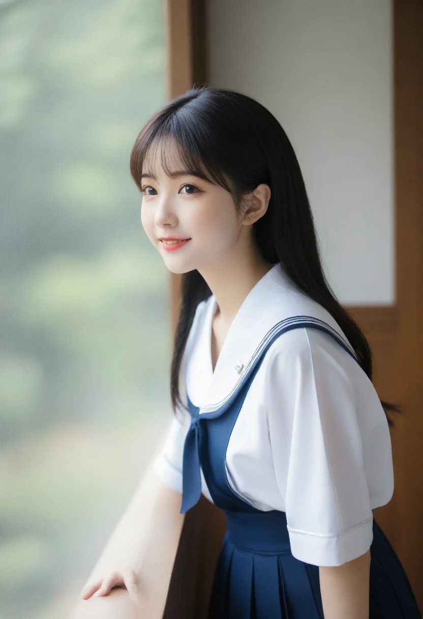 8K, Ultra-high resolution, Highest quality, masterpiece, 三分割法によるphotograph,Surreal, photograph, 1 girl, (:1.3), pretty girl, Cute face, Beautiful eyes in every detail, 細かくdetailedに,masterpiece,, One Girl:1.2, Japan Female Announcer,whole body、Black Hair、well-groomed eyebrows、Cute Lip Makeup、Calm atmosphere、A short-sleeved shiny dark sailor suit、White sailor collar、Navy blue pleated skirt、Red ribbon、White Stockings、Standing by the window of a classroom、Cute gestures、so beautiful,A carefree smile,Healing the heart,(twin braids),Looking at the audience、beauty,Long neck、Laugh a little、Please close your mouth and laugh、(((Ideal body type))),A-cup small breasts :2,、Portraiture:2、Perfect Anatomy、鮮明なdetailed、detailed、Surreal、Light and shadow,Strong light