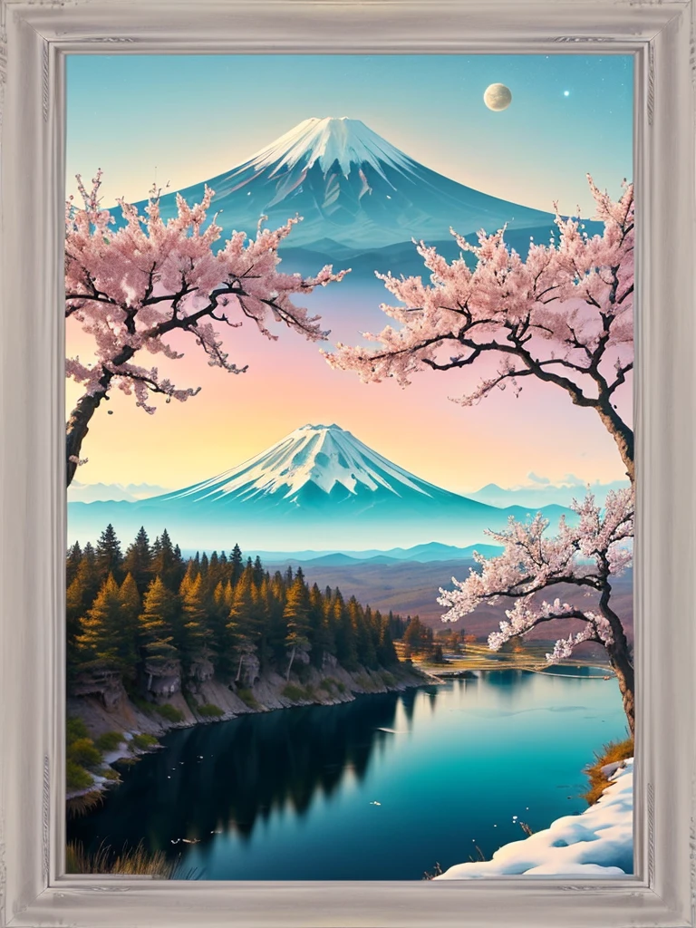 The scene is a picturesque view of Mount Fuji, framed by blooming cherry blossoms. The mountain, covered with snow, stands majestically against a gradient sky that transitions from a warm, golden hue near the horizon to a deep blue at the top. The cherry blossoms, with their pink petals, create a natural frame around the image, enhancing the serene and beautiful atmosphere. Below Mount Fuji, a tranquil lake reflects the sky and blossoms, adding depth and harmony to the scene. The lighting is soft, typical of early morning or late afternoon, casting gentle shadows and highlighting the delicate details of the blossoms and the mountain. In the distance, near the lake, there are small buildings and trees, adding a sense of scale and depth to the landscape. The overall color palette is dominated by shades of pink, blue, and white, creating a peaceful and captivating view.
A fantastical alien landscape with a serene, otherworldly atmosphere. The scene features a series of majestic, rocky mountains rising from a barren, desert-like terrain, dotted with multiple blue lakes. The largest mountain is centrally located, towering over the other peaks and reflecting in the pristine waters below. In the background, a large planet and two smaller moons are visible in the clear, star-studded sky, enhancing the celestial feel. The color palette includes warm, sandy tones for the land and cool, blue hues for the water, creating a striking contrast. The lighting is soft, suggesting either dawn or dusk, casting long shadows across the landscape. The lakes are surrounded by lush greenery, providing a vivid contrast to the surrounding arid desert. The perspective is a high-angle, bird’s-eye view, capturing the vast expanse of this alien world.
