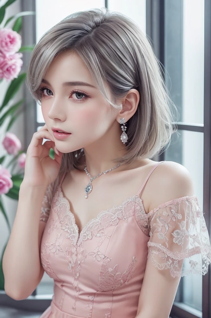pink lace thong&Good, (((Very elegant and beautiful, Perfect detail, Super detailed))), whole body, The most detailed girl, Depth of written boundary, 美しく詳細なwhole body, Thin legs, 1 girl, 30 years old, Very short hair, Spiked Hair, Gray and silver hair, Beautiful detailed hair, Perfect Face, Expressionless, Beautifully detailed deep eyes, Open your mouth a little, Delicate arms and hands, Pale skin, Earrings, Beautiful and gorgeous necklace, Colorful background, HD background, Blurred Background, Very delicate and beautiful, Masterpiece, (((Highest quality, Very beautiful 8K CG wallpaper))), (((Trendy hairstyles))), (Inside the room,Stylish interior,window),