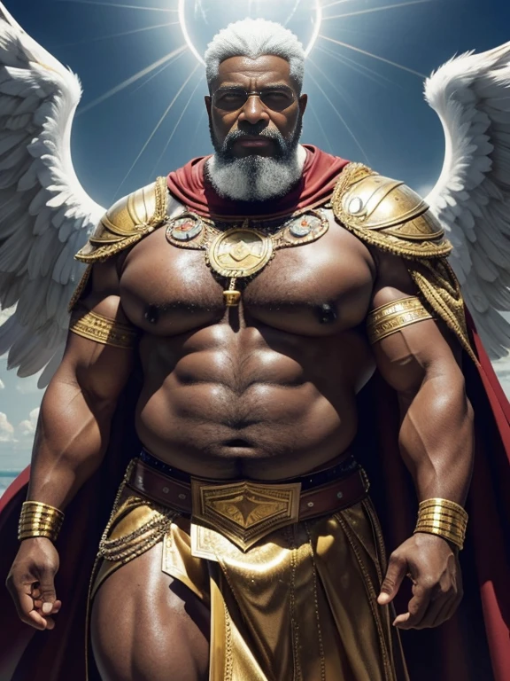Hyperrealistic image of an old man over 79 years old African American superhero angel with two black wings spread out holy imperial martyr warrior with gray hair and a halo of light with rays on his head super heavy and very fat very handsome bodybuilder with huge flaccid pecs and very nipples big pointy very sweaty in a sky of very white clouds wearing only a leather and gold Roman skirt and a cape