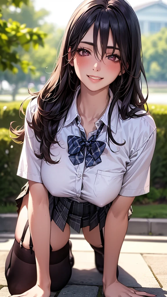 (((Age 25, Japanese-gyaru))), (((Wearing a sexy garter belt))), (On all fours, ), (Large Breasts), (Big Hips), (Sexy pose), (((A seductive smile))), Browsing Caution, Vulgarity, (Very tanned and shiny skin), Fishnet tights, (((Skin Dentition))), photoRealistic, Realistic, alone, photoRealistic, Highest quality, Ultra-high resolution, One girl, Yura S, Outdoor, colorful, Part your lips, Daytime setting, beautiful, masterpiece, Highest quality, Highly detailed face, Perfect lighting, Ultra-high resolution, Super detailed (masterpiece:1.2, Highest quality), (Realistic, photoRealistic:1.4), beautiful illustration,
View your viewers, whole body, Front view:0.6,
1 Girl, Japanese, China dress, (Long Hair:1.5), Hair fluttering, (Half Up, Half Updo), bangs, Hair between the eyes, Large Breasts:0.8,
beautiful hair, beautiful face, beautiful detailed eyes, beautiful clavicle, beautiful body, beautiful chest, beautiful thigh, beautiful legs, beautiful fingers,
(beautiful scenery), , School,
((Collared short-sleeved shirt, White shirt, , Grey plaid pleated skirt, Blue checked bow tie)), Sheer white panties,
(Are standing, , Lift up your skirt, Grab the hem of the skirt, Place your hand on your chest, Place your hands between your legs),
blush, ,Leg spread、