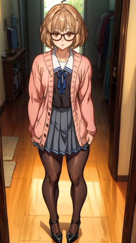 1 girl, {{{short hair,brown hair,brown eyes,glasses,Bob cut,cardigan,BLUSH,,red-framed eyewear,seraph,bangs,Ahoge,open cardigan,sailor collar,skirt,pantyhose,black pantyhose,long sleeves,parted lips,pleated skirt, small breasts}}}, beautiful girl, {{{standing or standing full body image}}}, {{{Wear black high heels}}}, poses her beautiful black heels standing {{{is stopped}}}, {{{muscular abs}}}, {{{muscular belly}}}, (in a room), (((Best Quality))), (((8k quality))), (((ultra best definition))), ((better face definition))), (((Perfect face))), (Perfect face:1.1), (sharp focus:1.1), trend on Artstation, intricate, high detail, sharp focus, (((arms, hands, legs, pies, Perfect face))), (((perfect body))), (((correct features))),(((best anatomy))), (((noise removal))), (((perfect and clear face))), (((Masterpiece))).