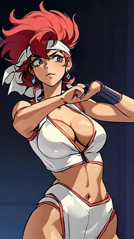 ((Masterpiece, highest quality; 1.3)), super quality, beautiful detail, super detailed, extra fine, 16K, exquisite, absurd, high resolution, beautiful background, detailed background, beautiful eyes, beautiful skin, anime style, Kay from Dirty Pair in a white outfit, tight outfit, cleavage, bushy redhead beauty, very light blue uniform, wearing tight clothes, skimpy, (mid chest: 1.2), cleavage, cleavage, , slim waist, slim thighs, thigh gap, showing stomach, skinny, thin hips, cyberpunk city background, retro space gun holding, headband, 