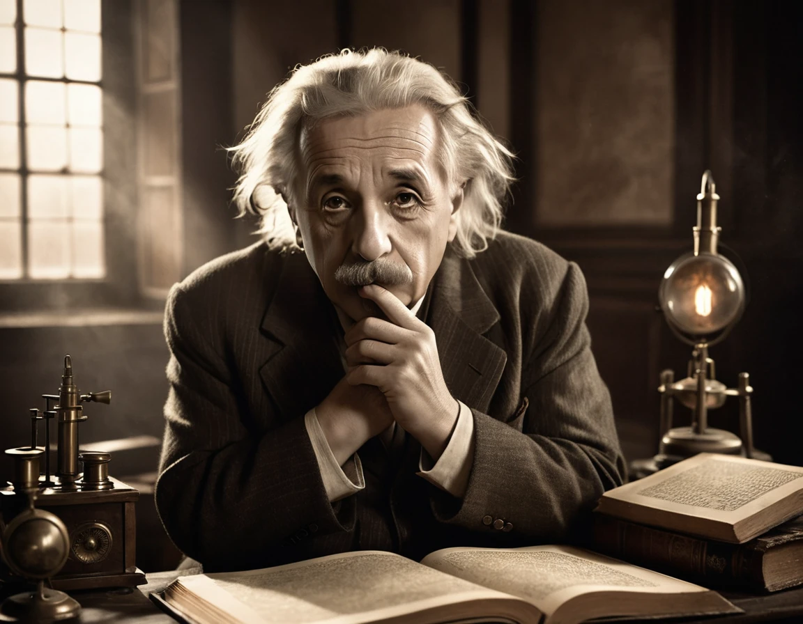 scientist Albert Einstein looking to the side with great anger, a rare moment of intense anger asking for silence with a finger in his mouth,, mysterious, against the backdrop of a dimly lit large hall with imposing and foreboding windows shrouded in fog, casting a mysterious and mystical environment, as if the shadows themselves were about to reveal a sinister secret, with a warm, muted color palette of burnt oranges, faded golds and dusty blues, evoking a sense of aged and forgotten knowledge, surrounded by scattered tomes and dusty and ancient scientific instruments, bathed in a warm, soft glow. vintage retrocore, daguerrotype,, photo, cinematic