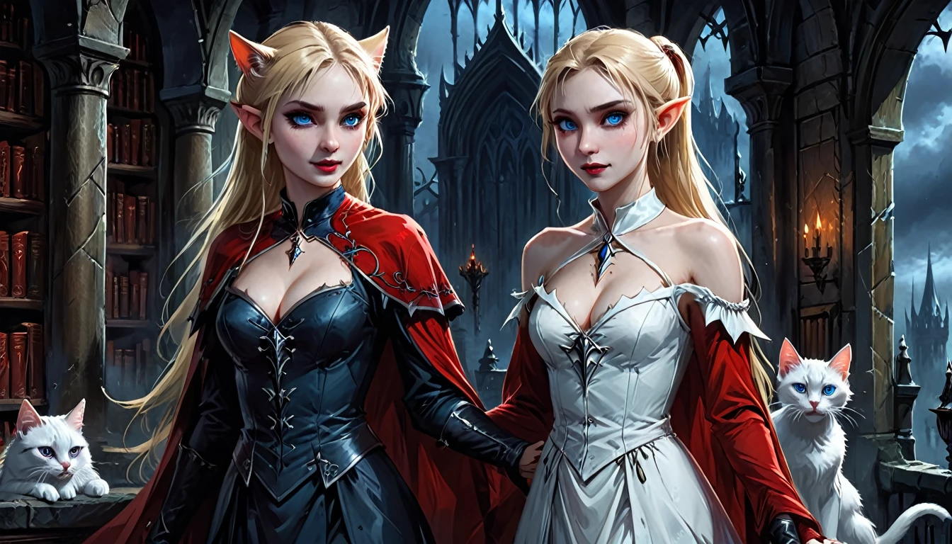 arafed a picture of elf vampire in her castle and her pet epic cat an exquisite beautiful female elf vampire (ultra details, Masterpiece, best quality), bloody mouth blond hair, pale skin, hair in a ponytail, long hair, blue eyes, cold eyes, smirking, wearing white dress (ultra details, Masterpiece, best quality), red cloak, in dark fantasy library, with an ((big cat: 1.3)) (ultra details, Masterpiece, best quality: 1.5) book shelves, arafed high details, best quality, 16k, [ultra detailed], masterpiece, best quality, (ultra detailed), full body, ultra wide shot, photorealism, RAW, dark fantasy art, gothic art, ArmoredDress, Dark Novel, Dark Art Painting Style, Bloodborne