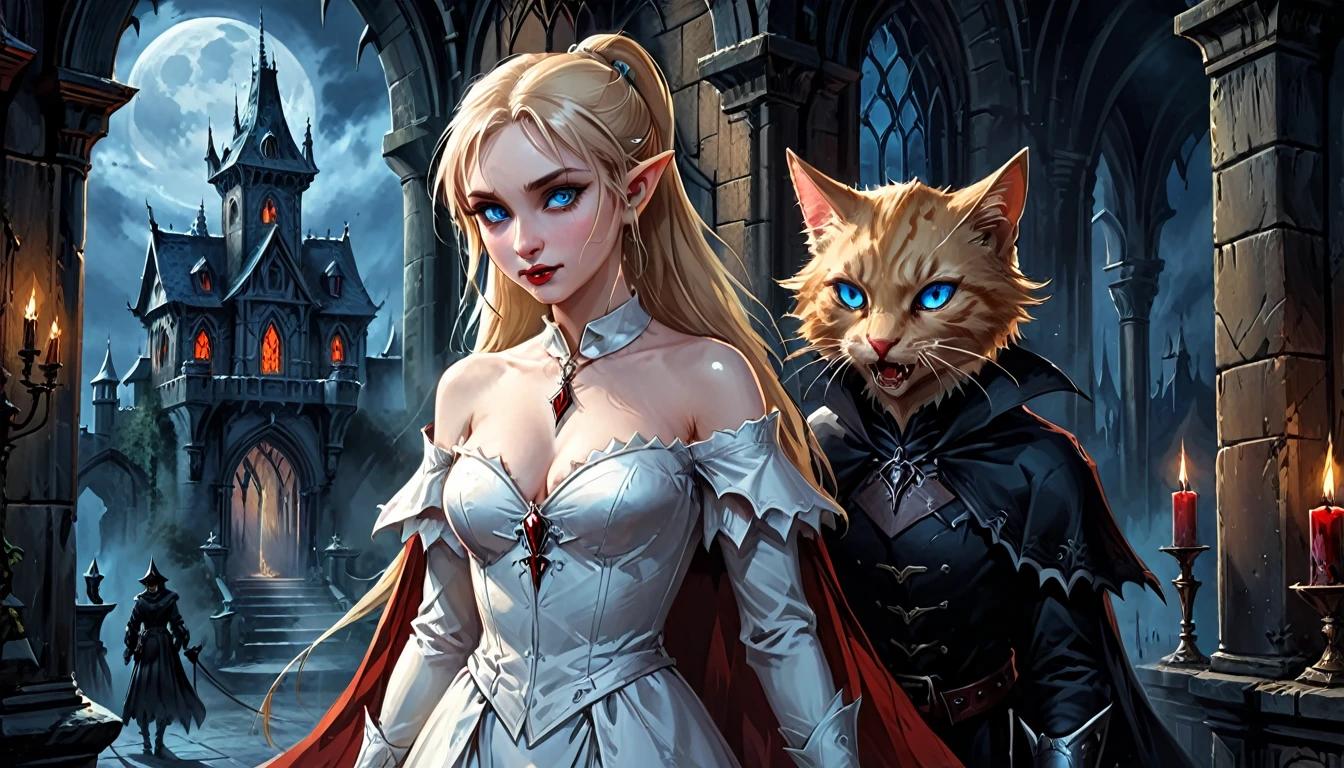 arafed a picture of elf vampire in her castle and her pet epic cat an exquisite beautiful female elf vampire (ultra details, Masterpiece, best quality), bloody mouth blond hair, pale skin, hair in a ponytail, long hair, blue eyes, cold eyes, smirking, wearing white dress (ultra details, Masterpiece, best quality), red cloak, in dark fantasy library, with an ((big cat: 1.3)) (ultra details, Masterpiece, best quality: 1.5) book shelves, arafed high details, best quality, 16k, [ultra detailed], masterpiece, best quality, (ultra detailed), full body, ultra wide shot, photorealism, RAW, dark fantasy art, gothic art, ArmoredDress, Dark Novel, Dark Art Painting Style, Bloodborne