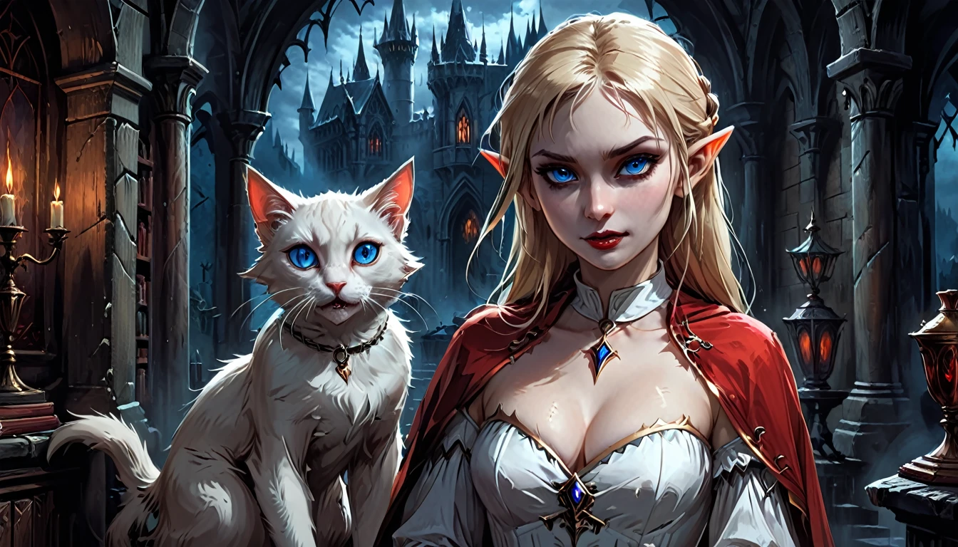 arafed a picture of elf vampire in her castle and her pet epic cat an exquisite beautiful female elf vampire (ultra details, Masterpiece, best quality), bloody mouth blond hair, pale skin, hair in a ponytail, long hair, blue eyes, cold eyes, smirking, wearing white dress (ultra details, Masterpiece, best quality), red cloak, in dark fantasy library, with an ((big cat: 1.3)) (ultra details, Masterpiece, best quality: 1.5) book shelves, arafed high details, best quality, 16k, [ultra detailed], masterpiece, best quality, (ultra detailed), full body, ultra wide shot, photorealism, RAW, dark fantasy art, gothic art, ArmoredDress, Dark Novel, Dark Art Painting Style, Bloodborne