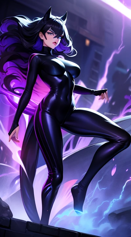 illustration, 4K UHD illustration, upscaled professional drawing HDR, from DC comics in dynamic pose, full body image (:1.8) stunningly beautiful woman, intense blue eyes, eyebrows tanned skin tone, detailed catwoman mask, gloss black form fitting full length bodysuit, full lips, lips parted looking-into-camera, glowing lightning in background, swirling smoke eminating from fingertips, abandoned dojo background, detailed night time, thunderstorm atmosphere, glowing blue eyes emitting eeire spectral glow, purple lightning thunderstorm in background, 300dpi, masterpiece style, painting style, stroke style in a dark background,watercolor, charcoal, pen & Ink, tshirt design style, aesthetic for Tshirt design, darktone