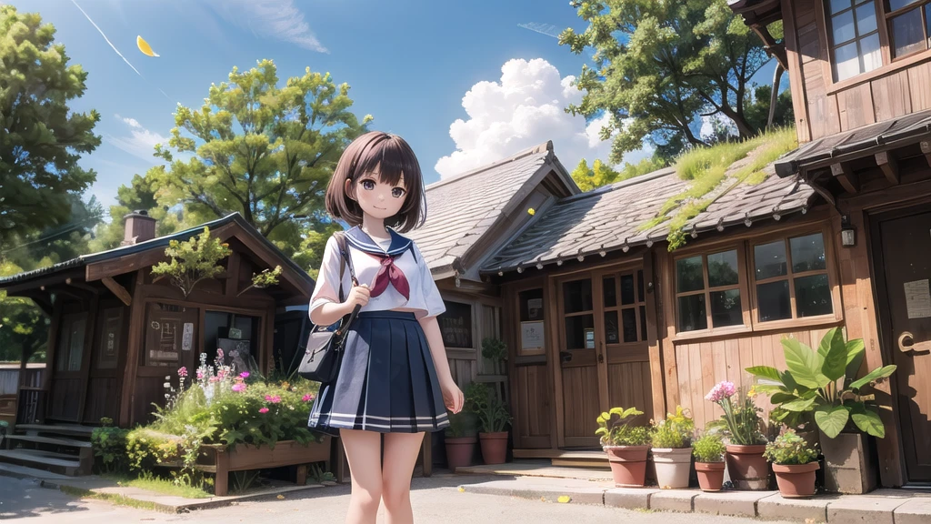 (masterpiece), town, blue sky, One Girl, smile, alone, Sailor suit、Long skirt, Overgrown, petal, plant、Skirt lining、Translucent slip、Nostalgic