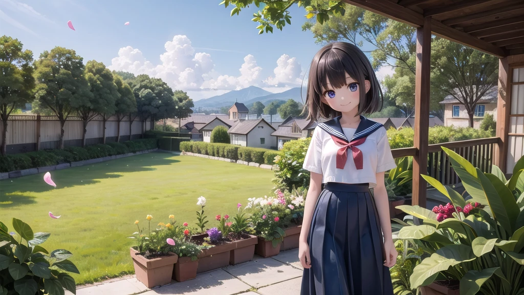 (masterpiece), town, blue sky, One Girl, smile, alone, Sailor suit、Long skirt, Overgrown, petal, plant、Skirt lining、Translucent slip、Nostalgic