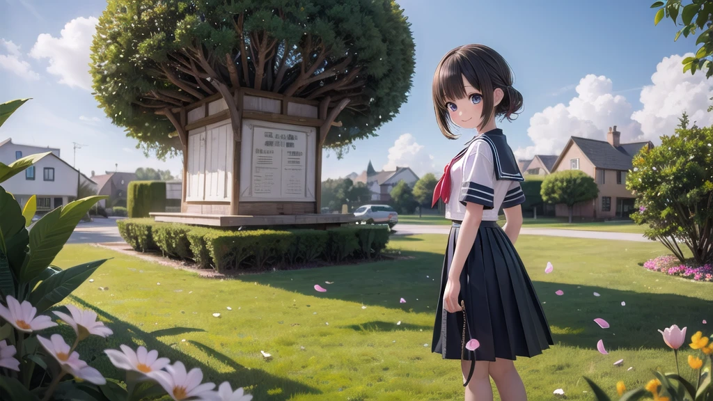 (masterpiece), town, blue sky, One Girl, smile, alone, Sailor suit、Long skirt, Overgrown, petal, plant、Skirt lining、Translucent slip、Nostalgic