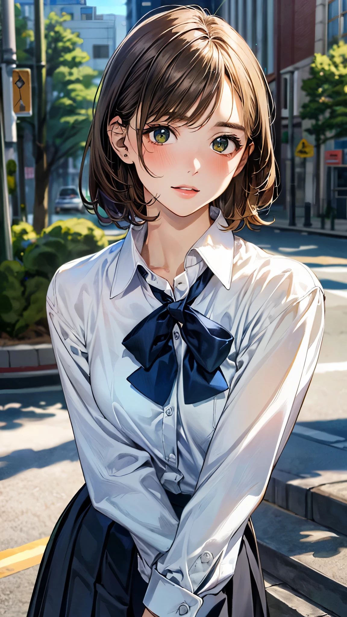 (masterpiece:1.2, top-quality), (realistic, photorealistic:1.4), beautiful illustration, perfect lighting, natural lighting, colorful, depth of fields, detailed cloth texture, 
beautiful detailed hair, beautiful detailed face, beautiful detailed eyes, beautiful clavicle, beautiful body, beautiful chest, beautiful thigh, beautiful legs, beautiful fingers, shiny skin, 
looking at viewer, (face focus, upper body), 1 girl, junior high school girl, 12 years old, (perfect ???????, anatomically correct, super detailed skin), cute and symmetrical face, babyface, perfect face, perfect eyes, , 
(short hair:1.7, lob hair, sideburns:1.4, light brown hair), crossed bangs, emerald green eyes, big eyes, long eye lasher, (medium breasts, seductive thighs), slender, skin dendation, 
(long sleeve white collared shirt, dark blue bow tie, dark blue pleated skirt), ,
(beautiful scenery), summer, evening, (downtown:1.2), standing, (brother complex), (embarrassed, wince, parted lips), 