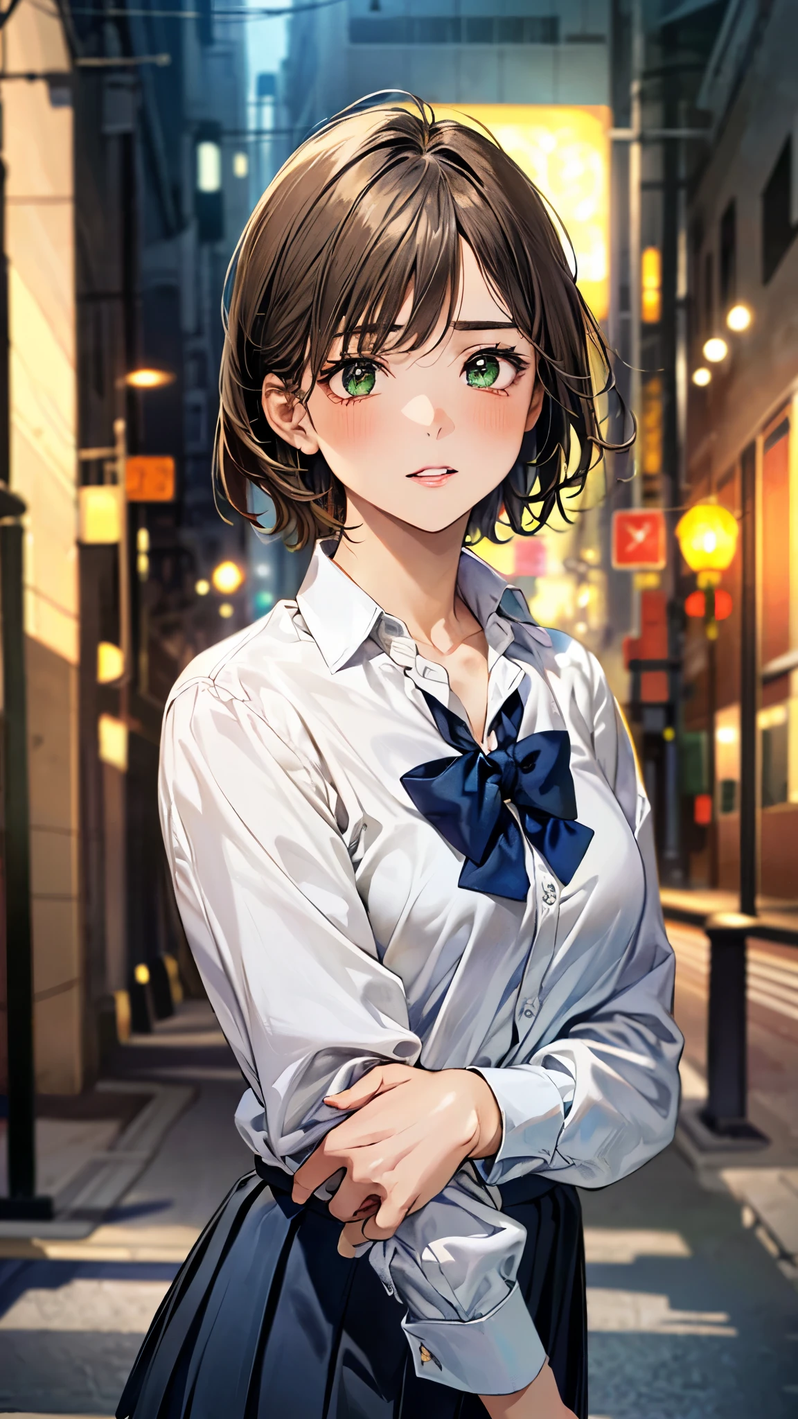 (masterpiece:1.2, top-quality), (realistic, photorealistic:1.4), beautiful illustration, perfect lighting, natural lighting, colorful, depth of fields, detailed cloth texture, 
beautiful detailed hair, beautiful detailed face, beautiful detailed eyes, beautiful clavicle, beautiful body, beautiful chest, beautiful thigh, beautiful legs, beautiful fingers, shiny skin, 
looking at viewer, (face focus, upper body), 1 girl,  girl, 12 years old, (per, anatomically correct, super detailed skin), cute and symmetrical face, babyface, perfect face, perfeces, , 
(short hair:1.7, lob hair, sideburns:1.4, light brown hair), crossed bangs, emerald green eyes, big eyes, long eye lasher, (medium breasts, seductive thighs), slender, skin dendation, 
(long sleeve white collared shirt, dark blue bow tie, dark blue pleated skirt), ,
(beautiful scenery), summer, evening, (downtown:1.2), standing, (brother complex), (embarrassed, wince, parted lips), 