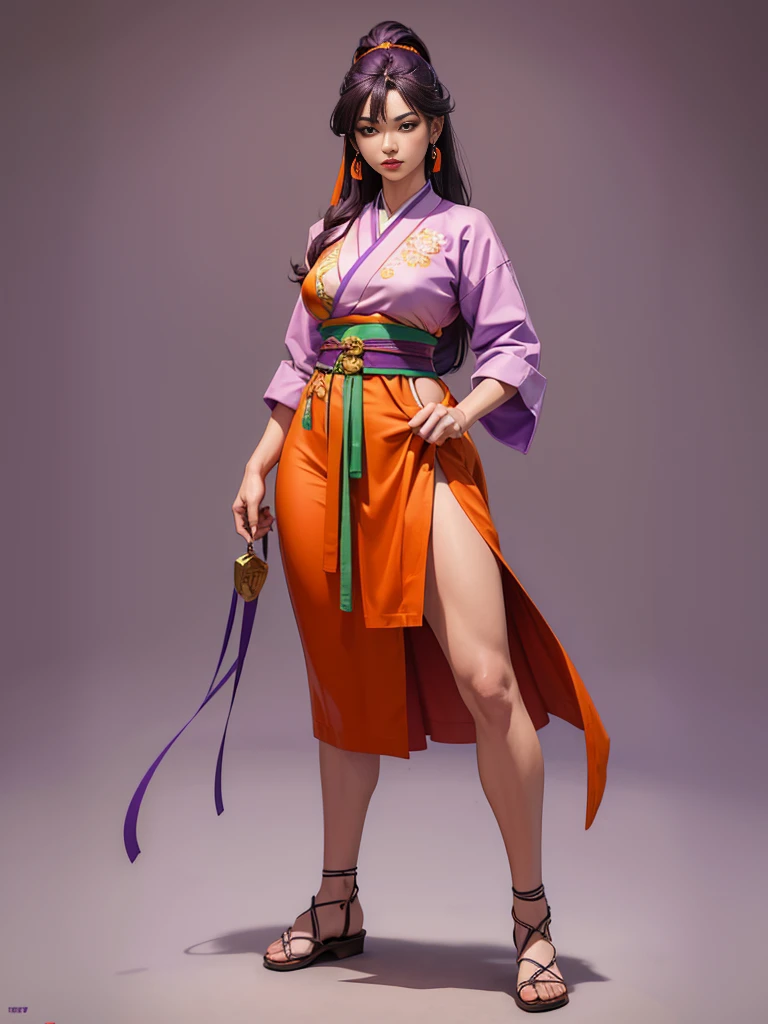 ((best quality)), ((4k)), ((highres)), ((masterpiece:1.2)). ((detailed)), ((ultra realistic)), ((intricate details)), ((full body picture)), ((character design sheet)), ((blank background)), ((standing in a blank background)), a full body shot of a beautiful martial arts korean goddess, martial arts korean goddess, martial arts goddess, fantasy female fighter, fighting game character, full body concept art, character design, gorgeous female matial artist, she's dressed in a purple, green and orange outfit, ((purple, green and orange outfit)), ((multi-colored outfit)), her outfit is a mixture of tradicional korean garments and modern day urban clothing