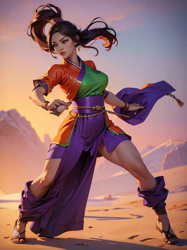 ((best quality)), ((4k)), ((highres)), ((masterpiece:1.2)). ((detailed)), ((ultra realistic)), ((intricate details)), ((full body picture)), ((character design sheet)), ((blank background)), ((standing in a blank background)), a full body shot of a beautiful martial arts korean goddess, martial arts korean goddess, martial arts goddess, fantasy female fighter, fighting game character, full body concept art, character design, gorgeous female matial artist, she's dressed in a purple, green and orange outfit, ((purple, green and orange outfit)), ((multi-colored outfit)), her outfit is a mixture of tradicional korean garments and modern day urban clothing