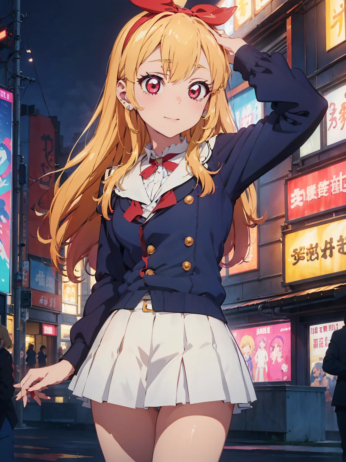 a beautiful female nurse kneeling in a hospital, dressed in nurse's uniform, 1girl, nurse, breasts, nurse cap, solo, blonde hair, thighhighs, cleavage, smile, choker, large breasts, long hair, red eyes, looking at viewer, hat, kitagawa marin, jewelry, black choker, black thighhighs, grin, earrings, piercing, ear piercing, bangs, collarbone,Marin Kitagawa ,Ichigo Hoshimiya (Aikatsu!),lol_i