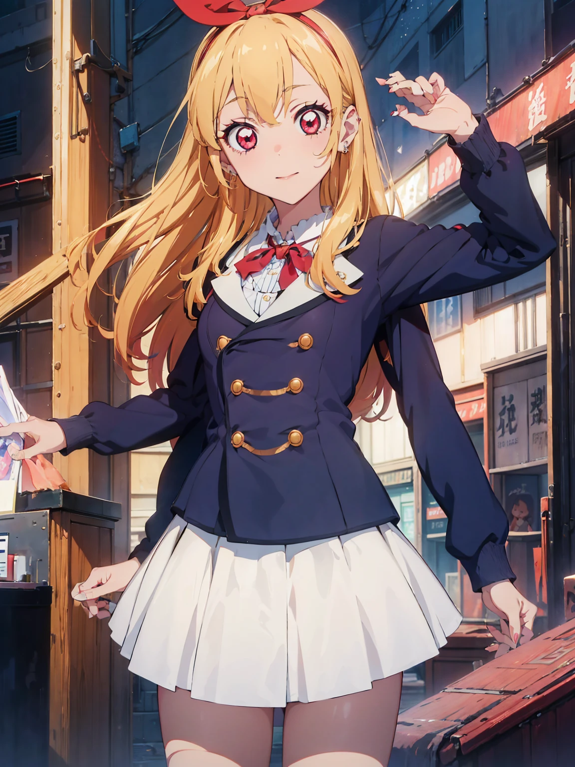 aikatsu,Blonde_HAIR,hoshimiya ichigo,hight resolution, absurdres, best_Quality, Ultra_Detailled, 8K, extremely_clear, photo, beautiful, Beautiful face, Scharp Focus, HDR, 1girl, Clean eyes, very wide-eyed,cyberpunk megacity background , hanabi, Beautiful face, very red areola, standing , very seductive pose, very young, teen, no bra, bare chest, No Top, NSFW, Blond long hair with red ends, pierced ears, marin kitagawa, clothes lift, skirt lift,panties
