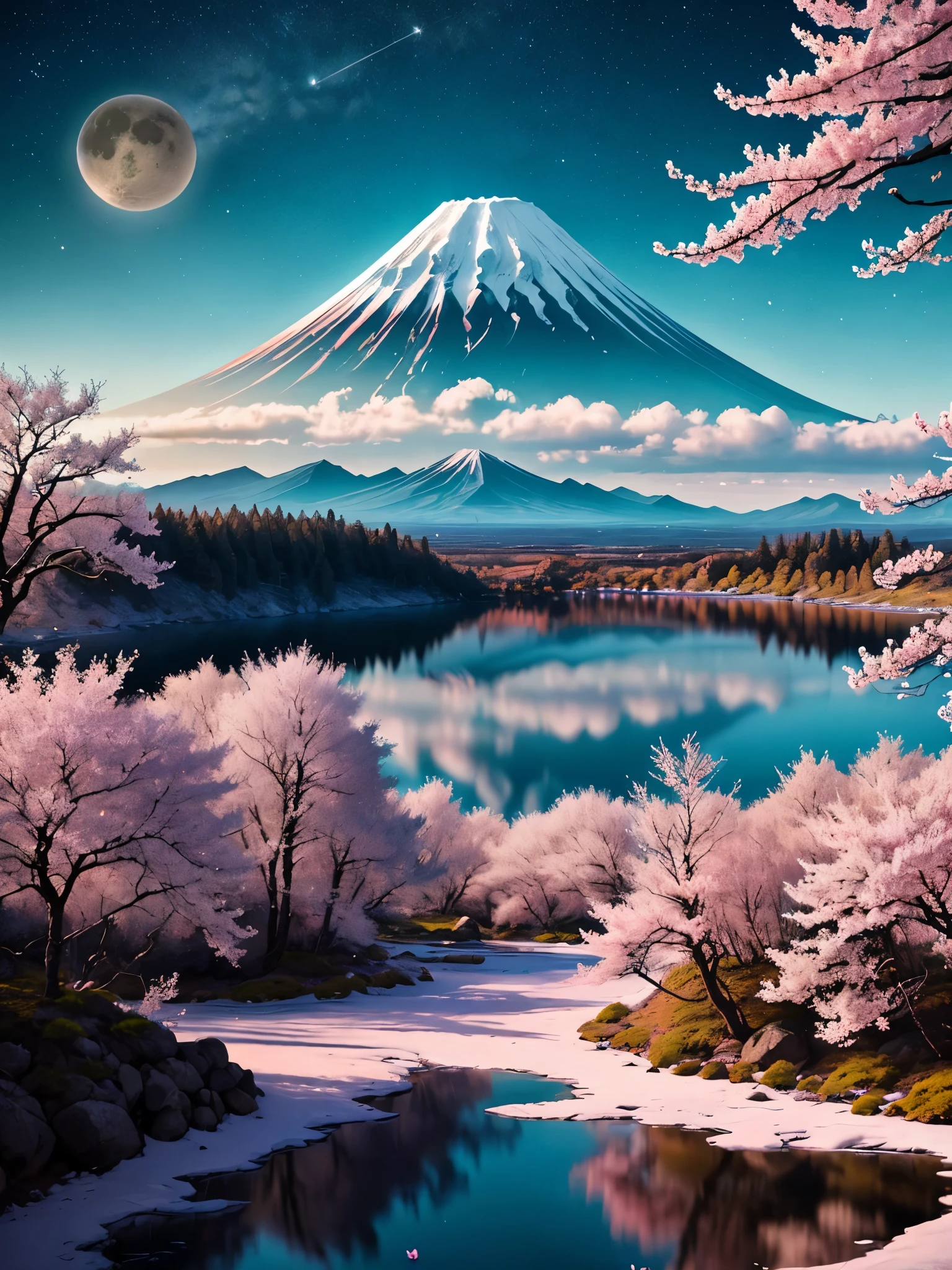 The scene is a picturesque view of Mount Fuji, framed by blooming cherry blossoms. The mountain, covered with snow, stands majestically against a gradient sky that transitions from a warm, golden hue near the horizon to a deep blue at the top. The cherry blossoms, with their pink petals, create a natural frame around the image, enhancing the serene and beautiful atmosphere. Below Mount Fuji, a tranquil lake reflects the sky and blossoms, adding depth and harmony to the scene. The lighting is soft, typical of early morning or late afternoon, casting gentle shadows and highlighting the delicate details of the blossoms and the mountain. In the distance, near the lake, there are small buildings and trees, adding a sense of scale and depth to the landscape. The overall color palette is dominated by shades of pink, blue, and white, creating a peaceful and captivating view.
A fantastical alien landscape with a serene, otherworldly atmosphere. The scene features a series of majestic, rocky mountains rising from a barren, desert-like terrain, dotted with multiple blue lakes. The largest mountain is centrally located, towering over the other peaks and reflecting in the pristine waters below. In the background, a large planet and two smaller moons are visible in the clear, star-studded sky, enhancing the celestial feel. The color palette includes warm, sandy tones for the land and cool, blue hues for the water, creating a striking contrast. The lighting is soft, suggesting either dawn or dusk, casting long shadows across the landscape. The lakes are surrounded by lush greenery, providing a vivid contrast to the surrounding arid desert. The perspective is a high-angle, bird’s-eye view, capturing the vast expanse of this alien world.
