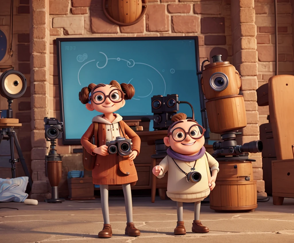 A whimsical animated character designed as a movie camera with arms, legs, and glasses. The camera has a smiling face, with a winding knob for a nose and lens eyes. Its limbs are tripod-like, ending in sturdy feet. The camera character wears a classy pair of round-framed glasses. In the background, you can see a film reel unrolling, capturing the world around the camera in a fun and dynamic way.