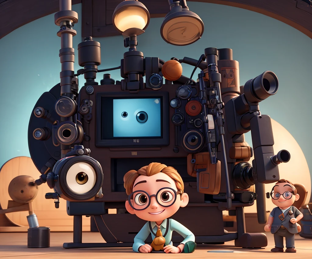 A whimsical animated character designed as a movie camera with arms, legs, and glasses. The camera has a smiling face, with a winding knob for a nose and lens eyes. Its limbs are tripod-like, ending in sturdy feet. The camera character wears a classy pair of round-framed glasses. In the background, you can see a film reel unrolling, capturing the world around the camera in a fun and dynamic way.