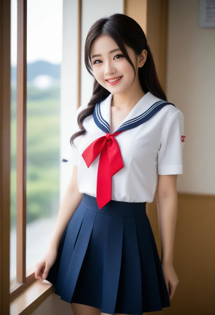 8K, Ultra-high resolution, Highest quality, masterpiece, 三分割法によるphotograph,Surreal, photograph, 1 girl, (16 years old:1.3), pretty girl, Cute face, Beautiful eyes in every detail, 細かくdetailedに,masterpiece,, One Girl:1.2, Japan Female Announcer,whole body、Black Hair、well-groomed eyebrows、Cute Lip Makeup、Calm atmosphere、A short-sleeved shiny dark sailor suit、White sailor collar、Navy blue pleated skirt、Red ribbon、White Stockings、Standing by the window of a classroom、Cute gestures、so beautiful,A carefree smile,Healing the heart,(twin braids),Looking at the audience、beauty,Long neck、Laugh a little、Please close your mouth and laugh、(((Ideal body type))),A-cup small breasts :2,、Portraiture:2、Perfect Anatomy、鮮明なdetailed、detailed、Surreal、Light and shadow,Strong light