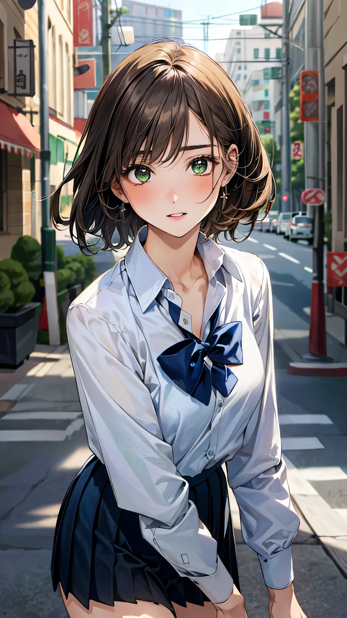 (masterpiece:1.2, top-quality), (realistic, photorealistic:1.4), beautiful illustration, (natural side lighting, movie lighting), , 
(looking at viewer), 1 girl, japanese, high school girl, perfect face, cute and symmetrical face, shiny skin, , 
(short hair:1.5, side ponytail:1.2, light brown hair), swept bangs, emerald green eyes, drooping eyes, long eye lasher, (large breasts:0.6), 
beautiful hair, beautiful face, beautiful detailed eyes, beautiful clavicle, beautiful body, beautiful chest, beautiful thighs, beautiful legs, 
((symmetrical clothing, white collared shirts, black pleated skirt, dark green bow tie, brown ), pink panty, ), black socks, brown knitted vest, 
(beautiful scenery), day time, school rooftop, (facing the front), (impatient expression, blushing cheeks, embarassed expression), (((skirt tug, wind lift))), 