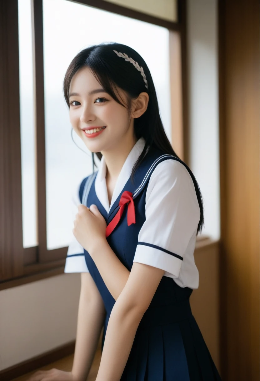 8K, Ultra-high resolution, Highest quality, masterpiece, 三分割法によるphotograph,Surreal, photograph, 1 girl, (16 years old:1.3), pretty girl, Cute face, Beautiful eyes in every detail, 細かくdetailedに,masterpiece,, One Girl:1.2, Japan Female Announcer,whole body、Black Hair、well-groomed eyebrows、Cute Lip Makeup、Calm atmosphere、A short-sleeved shiny dark sailor suit、White sailor collar、Navy blue pleated skirt、Red ribbon、White Stockings、Standing by the window of a classroom、Cute gestures、so beautiful,A carefree smile,Healing the heart,(twin braids),Looking at the audience、beauty,Long neck、Laugh a little、Please close your mouth and laugh、(((Ideal body type))),A-cup small breasts :2,、Portraiture:2、Perfect ???????、鮮明なdetailed、detailed、Surreal、Light and shadow,Strong light