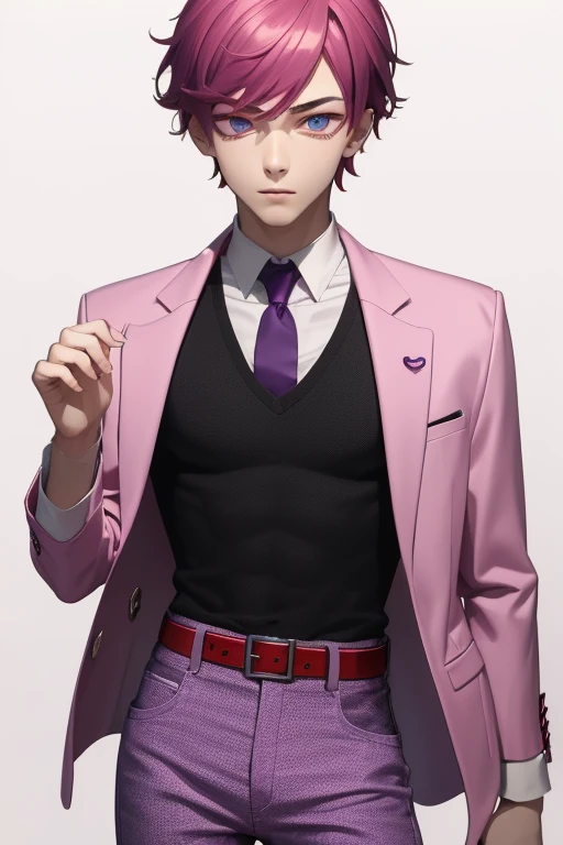 Gumball Handsome 18 year old boy with reddish pink hair, pale pink skin, pierced ears, purple eyes, open pale purple vest, white shirt with candy print, black belt, red jeans, looking directly at viewer. a white background.