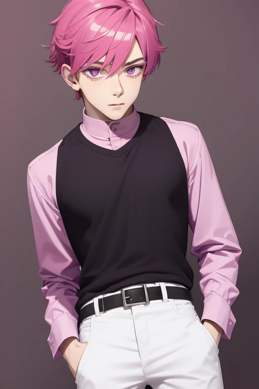 Gumball Handsome 18 year old boy with reddish pink hair, pale pink skin, pierced ears, purple eyes, open pale purple vest, white shirt with candy print, black belt, red jeans, looking directly at viewer. a white background.
