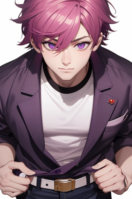 Gumball Handsome 18 year old boy with reddish pink hair, pale pink skin, pierced ears, purple eyes, open pale purple vest, white shirt with candy print, black belt, red jeans, looking directly at viewer. a white background.