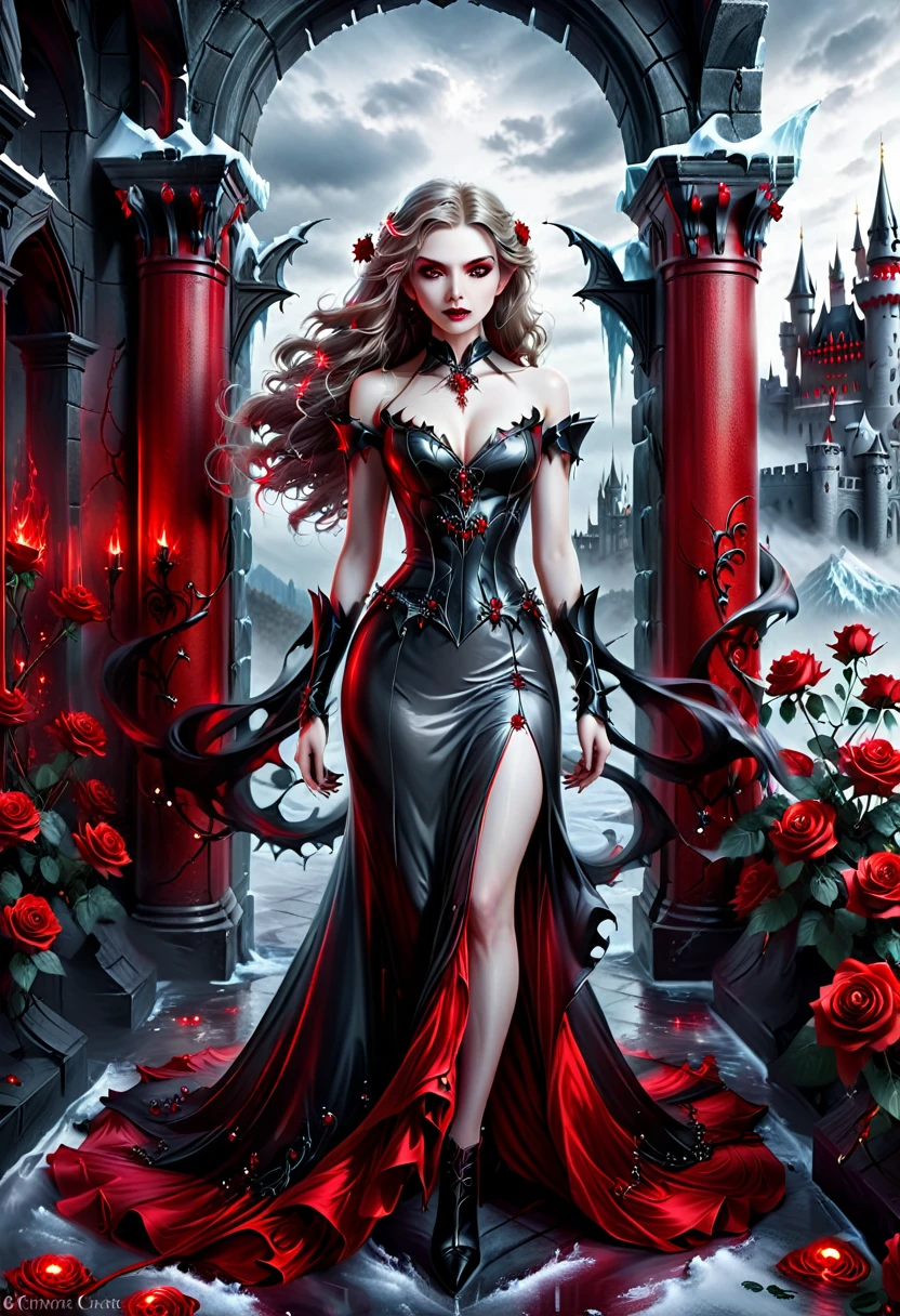Dark fantasy art, fantasy art, goth art, a picture of a female vampire, exquisite beauty, full body shot, dark glamour shot, pale white skin, dark blond hair, long hair, wavy hair, (icy grey: 1.3) eyes, she wears a (red: 1.3) dress, ArmoredDress, entwined with (black: 1.3) roses betmd, high heells, dark castle porchm, RagingNebula