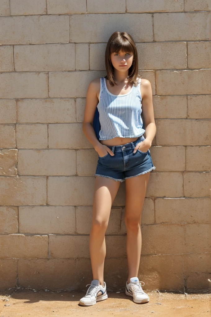 A white-skinned girl, brown hair with bangs, big blue eyes, at an between 15- yering a loose blue tank top, mid-navel and light jean shorts, black tennis shoes with white stripes, posing with hands on waist, leaning against a wall with orange bricks and a floor with dry grass