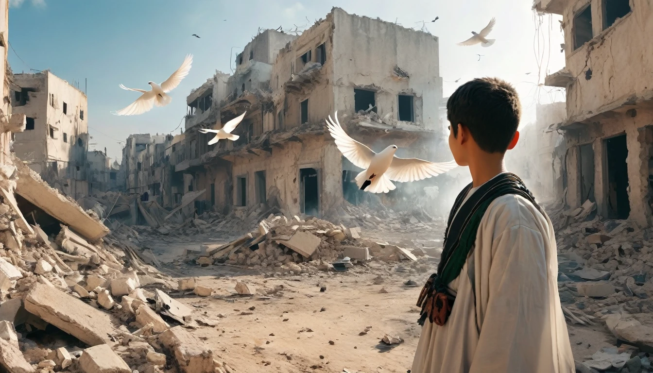 Create a touching and informative cover for the music video cover, featuring a realistic depiction of a tear-filled Palestinian boy in worn and damaged traditional clothing. The background should show a war-torn landscape with destroyed buildings and smoke, with subtle symbols of peace such as an olive branch and a white dove. Use a muted color palette with bright highlights for hope. (detailed, focused, realistic, 8k)