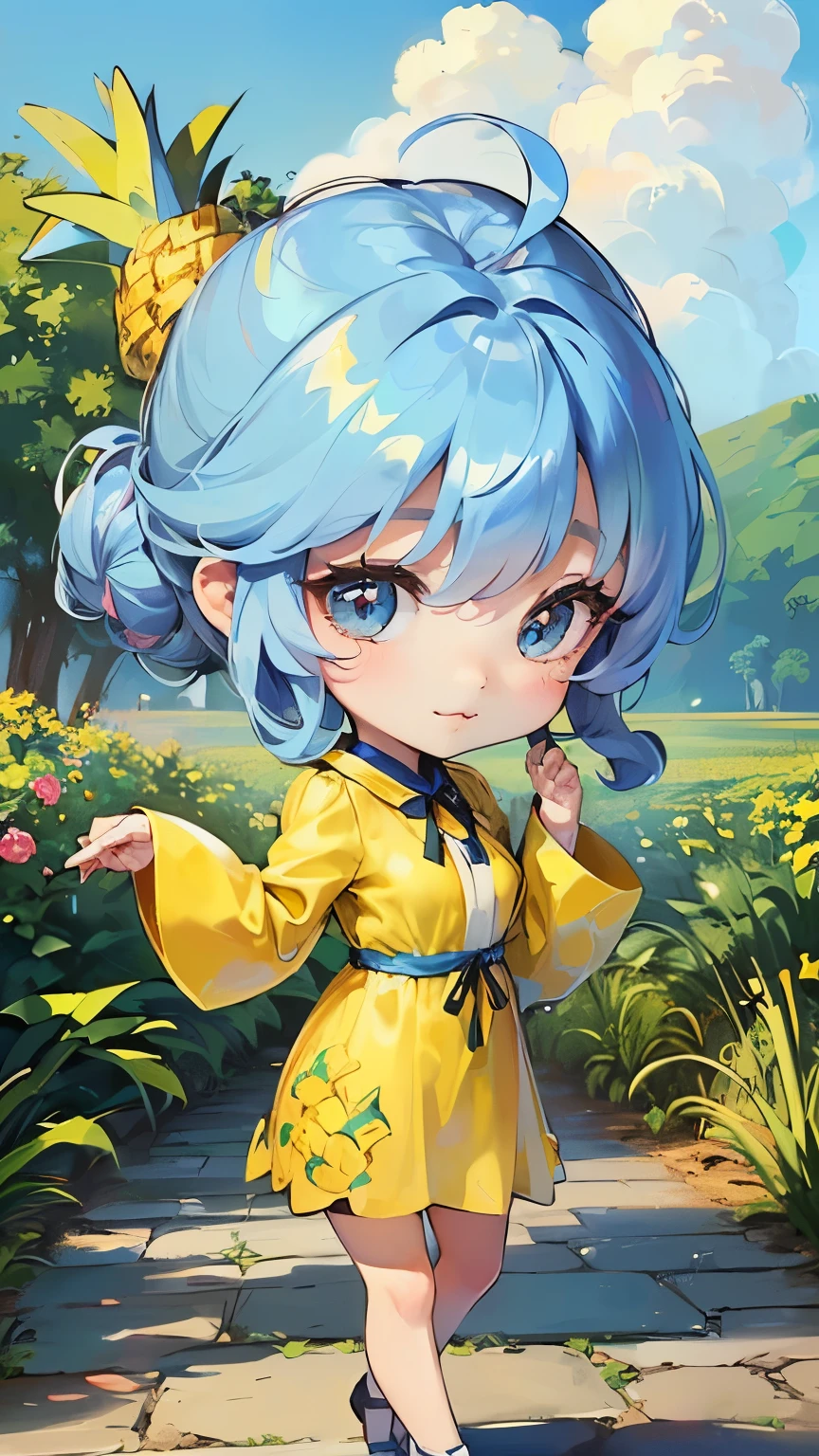 ((style:Colored pencil,pale colour)),(Chibi animation、One Chibi、masterpiece、Colored pencilで描かれた:1.2)、(Chibi Body、Small face、Cute all over、Light blue hair color, Short chignon hair:1.4),(Highly detailed eyes、Light blue eyes、Breast enlargement、Gloss Lip、 :3, Ahoge, Very thin legs)、(Big fresh pineapple:1.5)、(The daily life of the nobility、The best clothes for chibi characters、National costume、Dress stylishly:1.5),(Beautiful scenery in Europe、The wind is blowing、Pineapple Tower、Pineapple scene、Micro underwear accidentally seen、Crouching、Plains of the field:1.3)