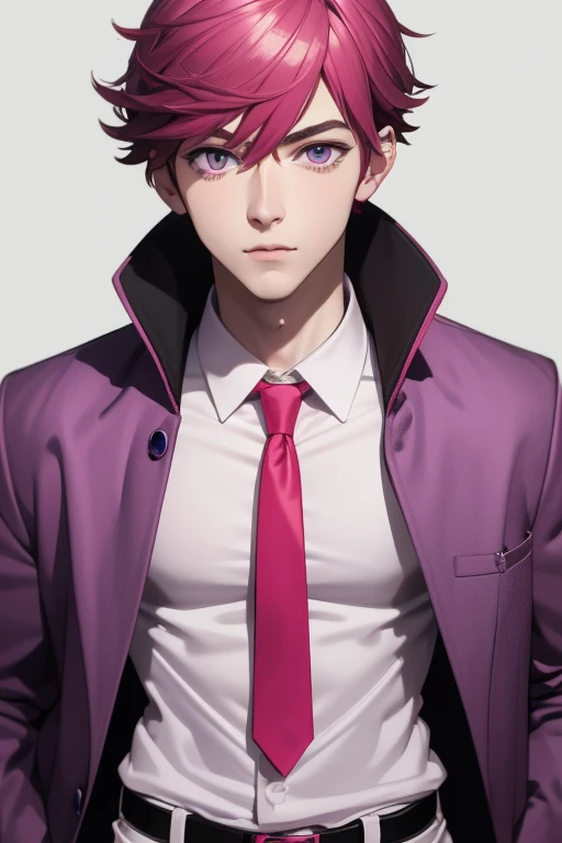Gumball Handsome 18 year old boy with reddish pink hair, pale pink skin, pierced ears, purple eyes, open pale purple vest, white shirt with candy print, black belt, red jeans, looking directly at viewer. a white background.