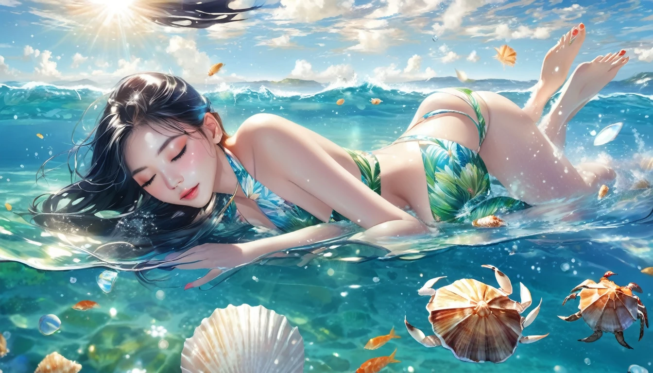 Beautiful woman floating on clear sparkling shallow water。She is wearing a white seashell bikini、The sunlight reflects off the water surface。Water shallow white sand、The seawater is clear and vibrant in colours of blue and green.、Shells and crabs are scattered around her.。In this scene, he has his eyes closed and looks comfortable in the calm waves.。Sparkling and beautifully floating。