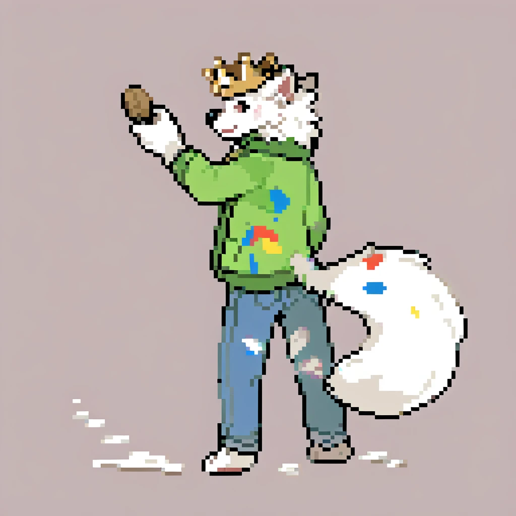 canid, canine, canis, mammal, mythological_canine, were, werecanid, werecanine, samoyed, dog, white_body, white_fur, black_nose, paint_splotches, messy_paint, rainbow_paint, messy_clothes, stained_clothes, slightly_oversized_crown, wearing_crown, green_jacket, blue_jeans, painting_pokéball, holding_brush, holding_pokéball, standing_straight, male, fingers, fluffy, fluffy_tail, fur, thin_anthro, full_body, solo, digital_media_(artwork), hi_res, masterpiece,