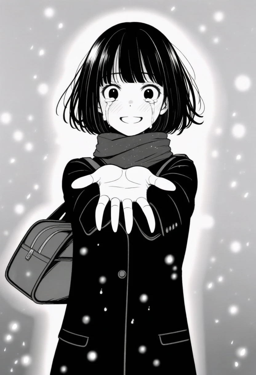 masterpiece, best quality, 1girl, mamerakkkkko, grayscale, manga style, japanese, chi no wadachi, black eyes, street, iced, black hair, schoolbag, smile, lineart, black coat, black scarf, black pleated skirt, leggins, centered, 18 years old, tall, fair skinned, bokeh background, crying, tears, tears streaming, bob cut, light particles, centered, snowing, (((reaching hand toward viewer, reaching out one hands towards the viewer)))