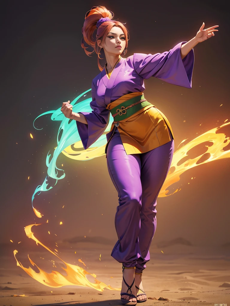 ((best quality)), ((4k)), ((highres)), ((masterpiece:1.2)). ((detailed)), ((ultra realistic)), ((intricate details)), ((full body picture)), ((character design sheet)), ((blank background)), ((standing in a blank background)), a full body shot of a beautiful martial arts korean goddess, martial arts korean goddess, martial arts goddess, fantasy female fighter, fighting game character, full body concept art, character design, gorgeous female matial artist, she's dressed in a purple, green and orange outfit, ((purple, green and orange outfit)), ((multi-colored outfit)), her outfit is a mixture of tradicional korean garments and jeans pants