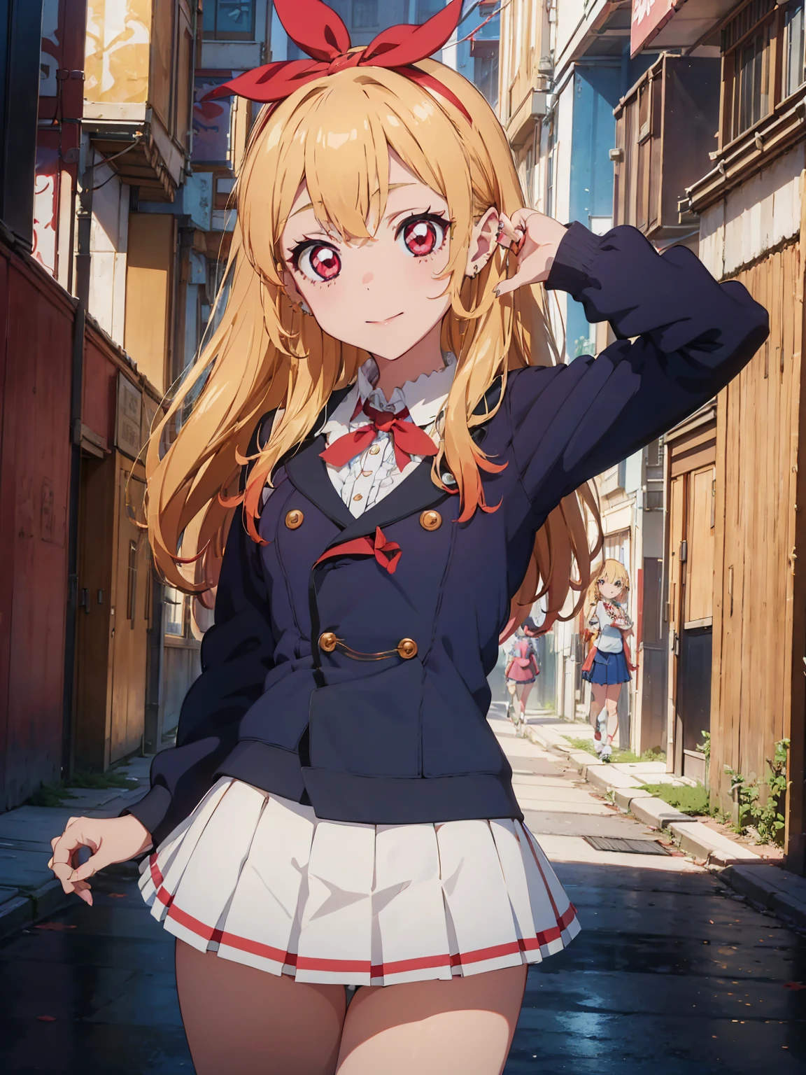 aikatsu,Blonde_HAIR,hoshimiya ichigo,hight resolution, absurdres, best_Quality, Ultra_Detailled, 8K, extremely_clear, photo, beautiful, Beautiful face, Scharp Focus, HDR, 1girl, Clean eyes, very wide-eyed,cyberpunk megacity background , hanabi, Beautiful face, very red areola, standing , very seductive pose, very young, teen, no bra, bare chest, No Top, NSFW, Blond long hair with red ends, pierced ears, marin kitagawa, clothes lift, skirt lift,panties