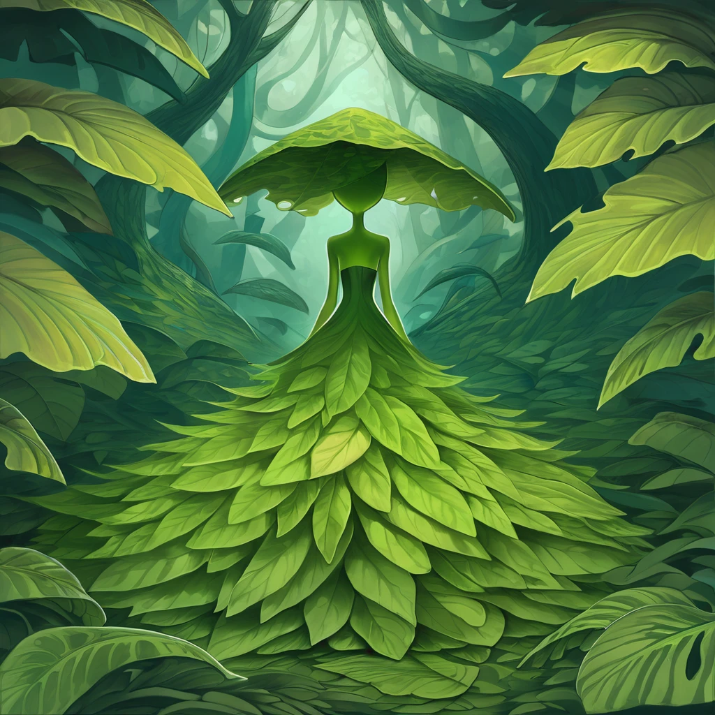 abaca slime girl made of vivid green and rich green slime and covered and dressed in large leaves standing in a giant leaf forest in surrealism art style
