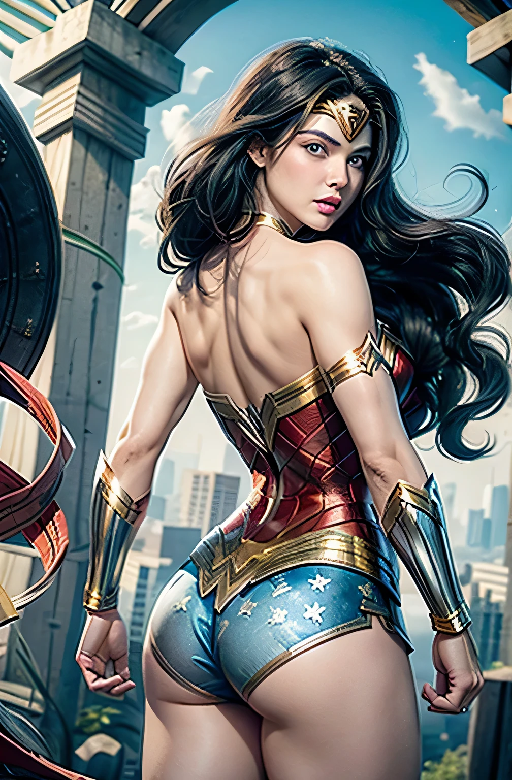 The character Wonder Woman in her traditional costume, perfect blue eyes, black hair in the wind, perfect anatomy, beautiful girl