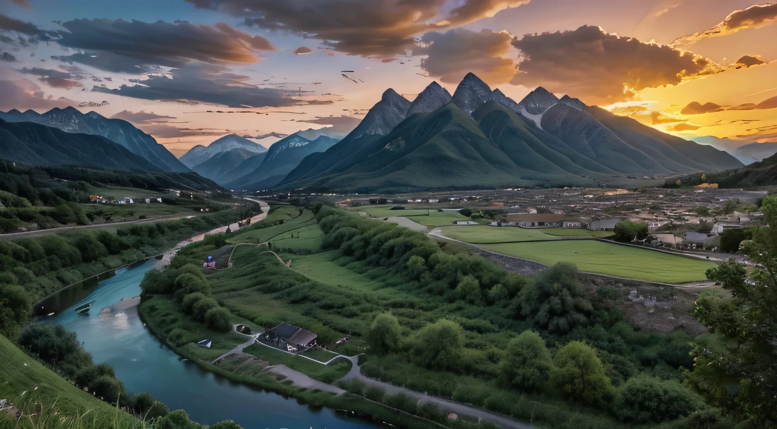 A green valley with a river and surrounded by mountains with a sunset sky between clouds