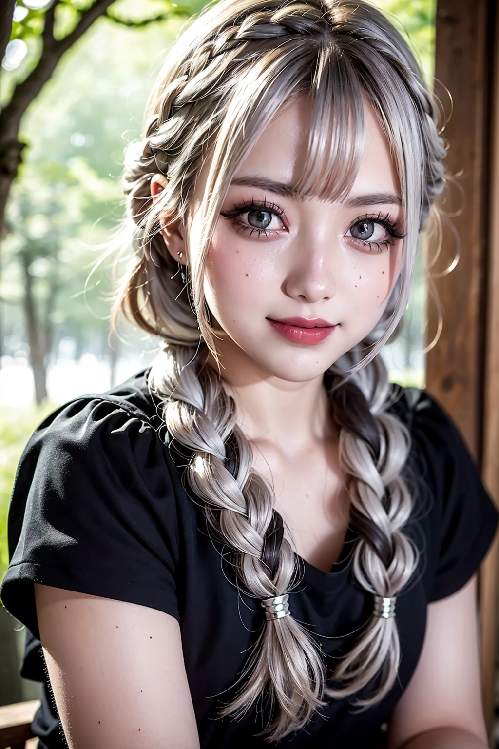 Realistic, masterpiece, Highest quality, Highest Resolution, High Detail, Soft Light, Professional Lighting, Backlight, Film Grain, The background is blurred, Japanese , (The subject was photographed from below, The subject does not look at the camera:1.3), , Upper body photo, Looks sleepy, inattention, Grinning, Open your mouth, Beautiful and detailed eye drawing, (Droopy eyes:1.3), Dark Eyes, Thin eyebrows, Draw eyelashes carefully, Eyelash extensions, Gal Makeup, Orange Cheek, (White brown wavy hair, Short Hair, Braid, middle part:1.3), (Hidden eyelid wrinkles:1.3), (Gothic summer , Silver Accessories:1.3), (Summer forest:1.3)