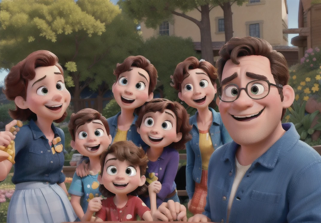 Poster for the film inspired by Disney Pixar with the title "Us 4". With a happy and lively family, together. The scene must follow an artistic style similar to Pixar, focusing on the characters' expressions, vibrant colors, detailed textures and characteristics of their animations.